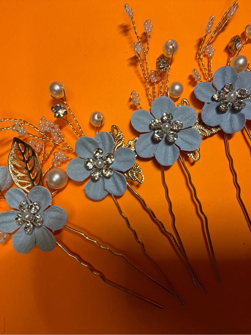 4 Blue Floral Crystal Hair Pins - Elegant Women’s Hair Accessories